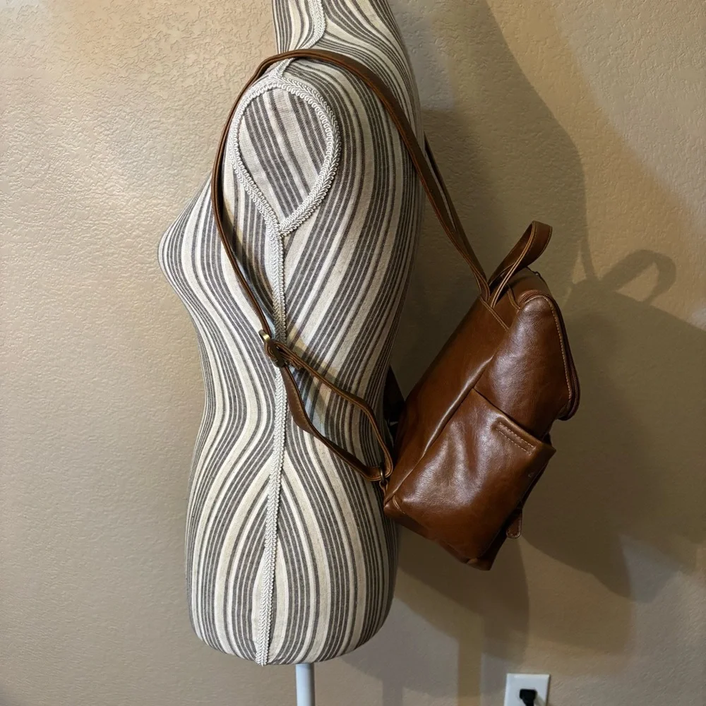 Connections Mini Backpack Tan Cognac Faux Leather Brass-tone Hardware Brown Intr